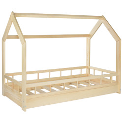 Lit maison 2 en 1 en bois naturel avec barreaux 160x80 cm